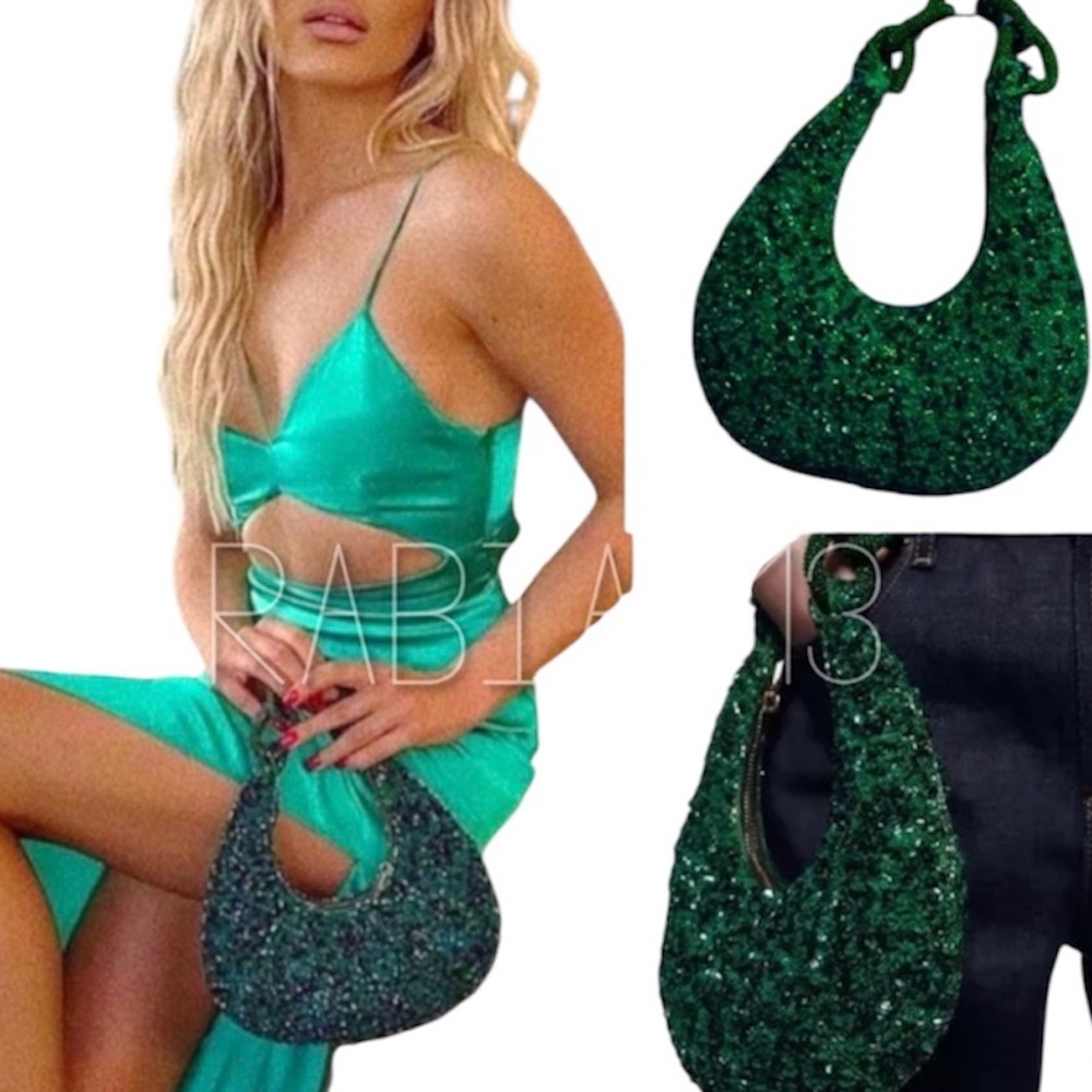 ZARA Emerald Green Beaded Mini Shoulder Resort Bag 💚✨ - Picture 6 of 6